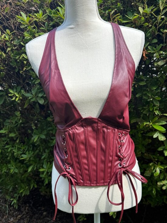 Tops - Women's 2XL Burgundy Faux Leather Corset Halter Top Lace Up